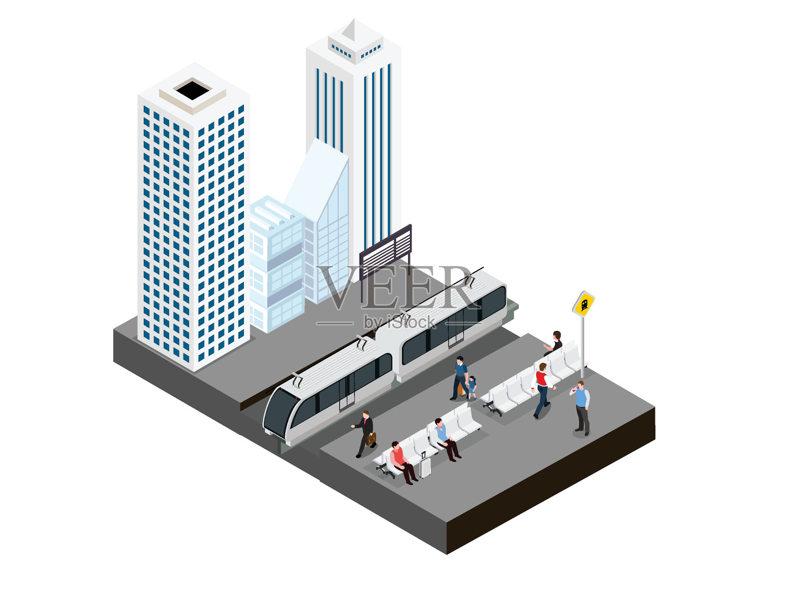 城市火车站，站台上有乘客插画图片素材