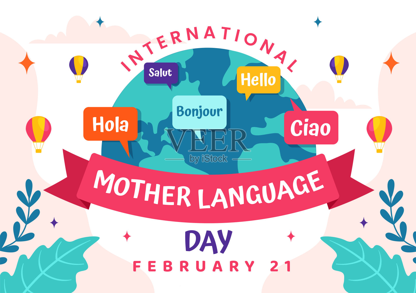 国际母语日矢量插图2月21日与妈妈说你好几种世界语言在平面儿童卡通背景插画图片素材