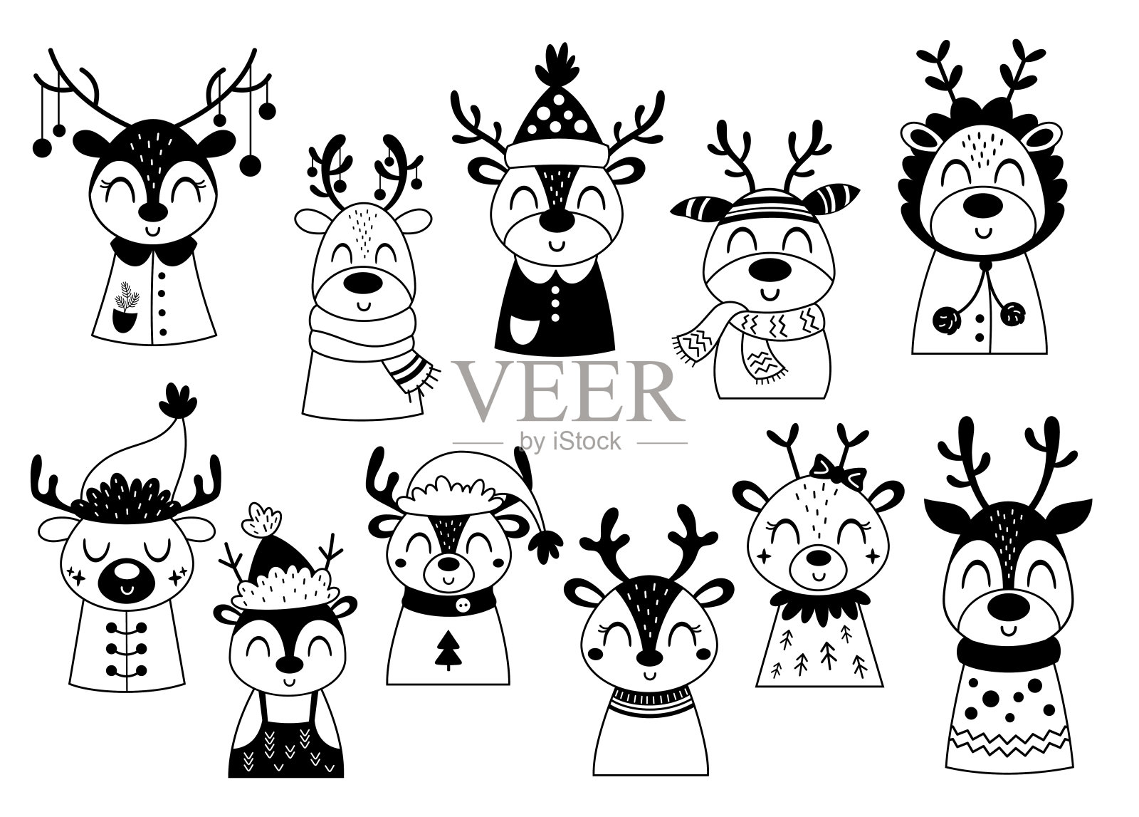 黑色和白色圣诞鹿剪贴画在卡通平面风格。圣诞快乐剪贴画。可爱的冬天鹿剪贴艺术。矢量图插画图片素材