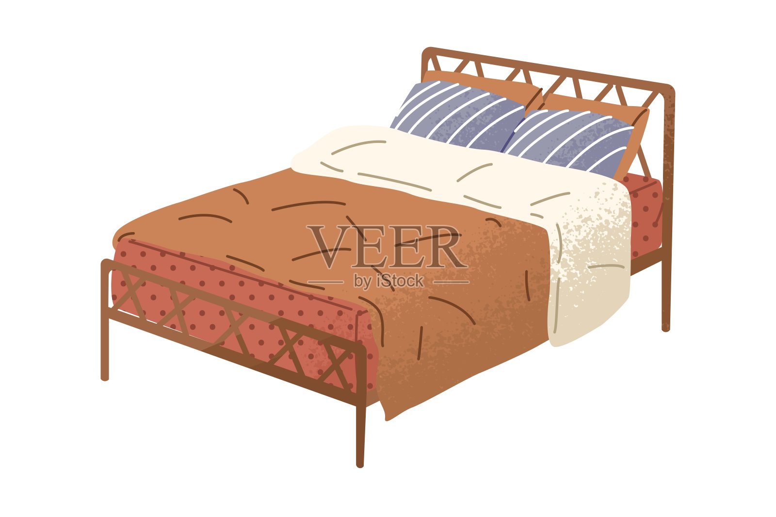 一张空的金属双人床，上面有两个紫色条纹的枕头和一条红色的毯子。床单。卧室装饰，舒适的家庭内部。孤立的矢量插图在卡通风格。插画图片素材