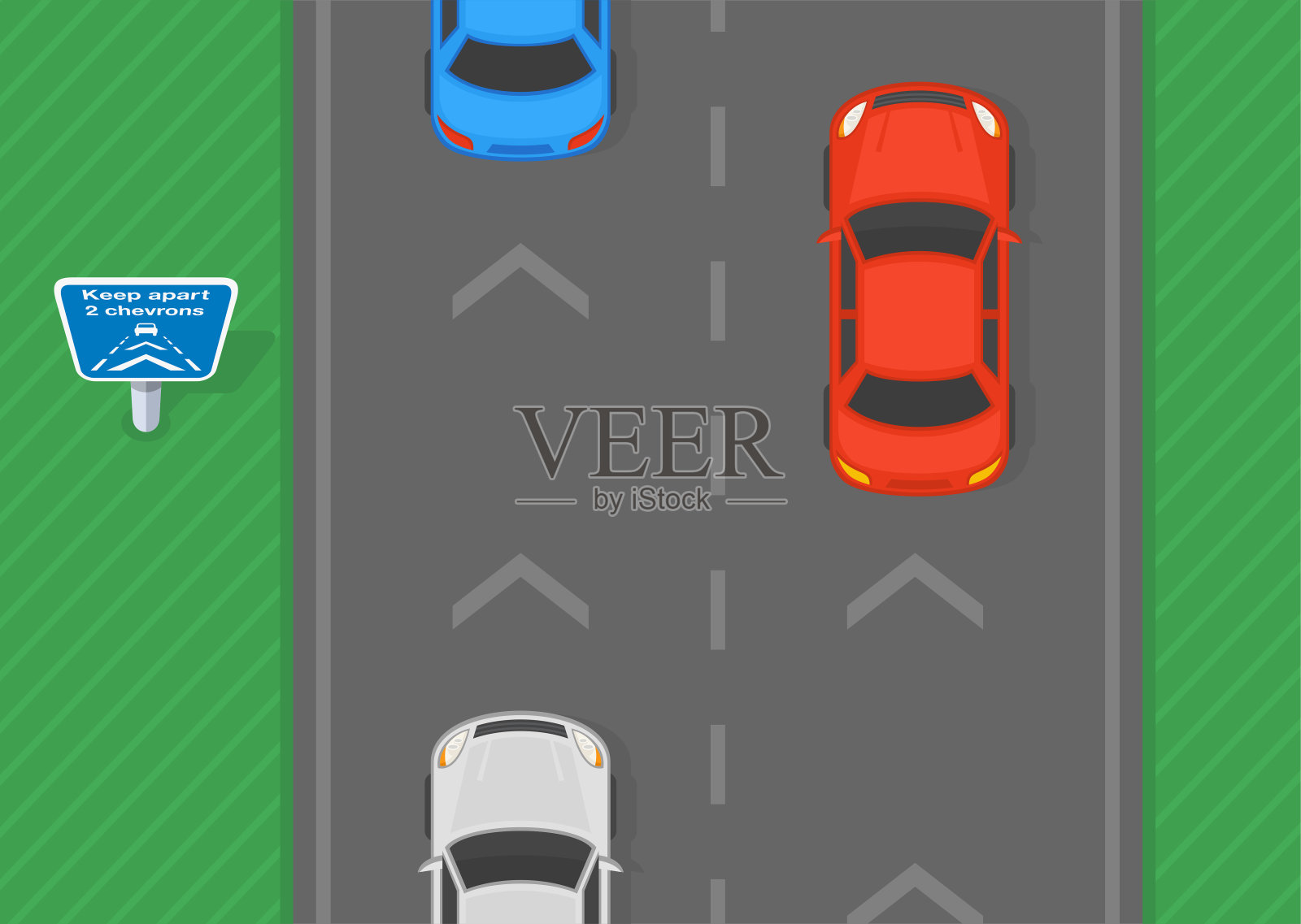 安全驾驶技巧及交通规则。公路交通流的俯视图与雪佛龙标志。矢量插图模板。插画图片素材