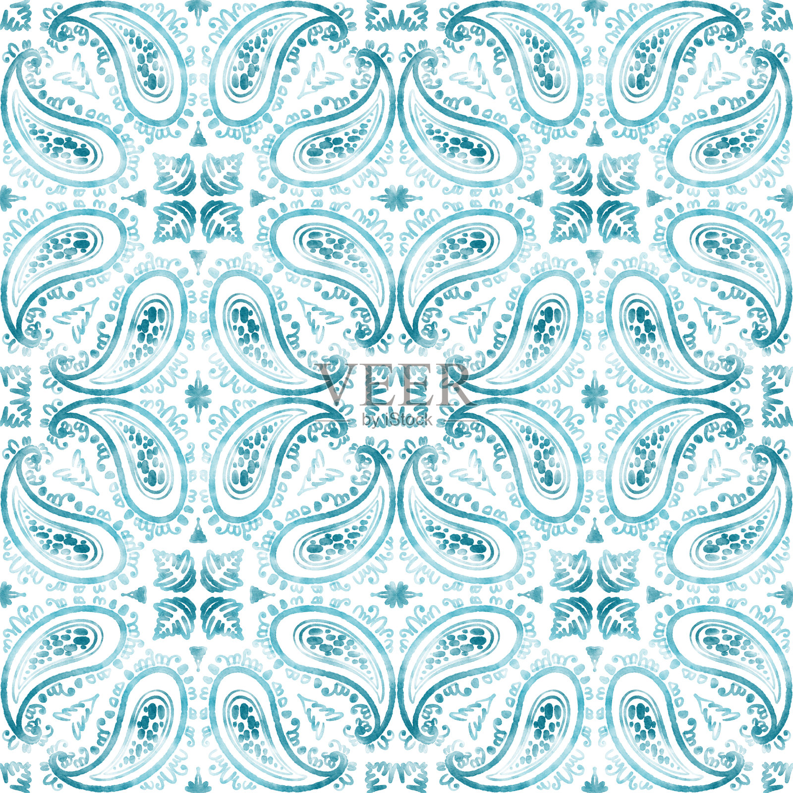 重复圣诞新年模式。抽象冬季水彩瓷砖装饰与充满活力的颜色-蓝色，绿松石。白色背景上的无缝漩涡图案。大的格式。插画图片素材