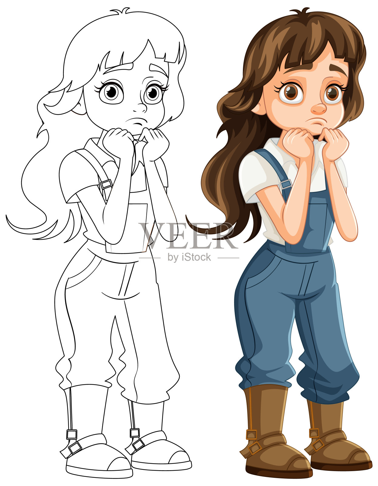 无聊的农民女孩卡通人物涂鸦大纲插画图片素材