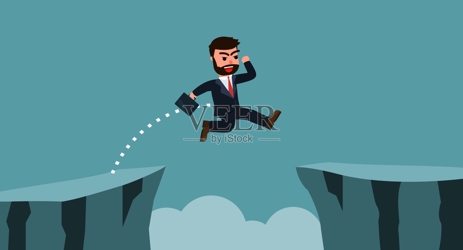 商人跳下悬崖。跨越危险的障碍。克服困难。经营理念。矢量图插画图片素材