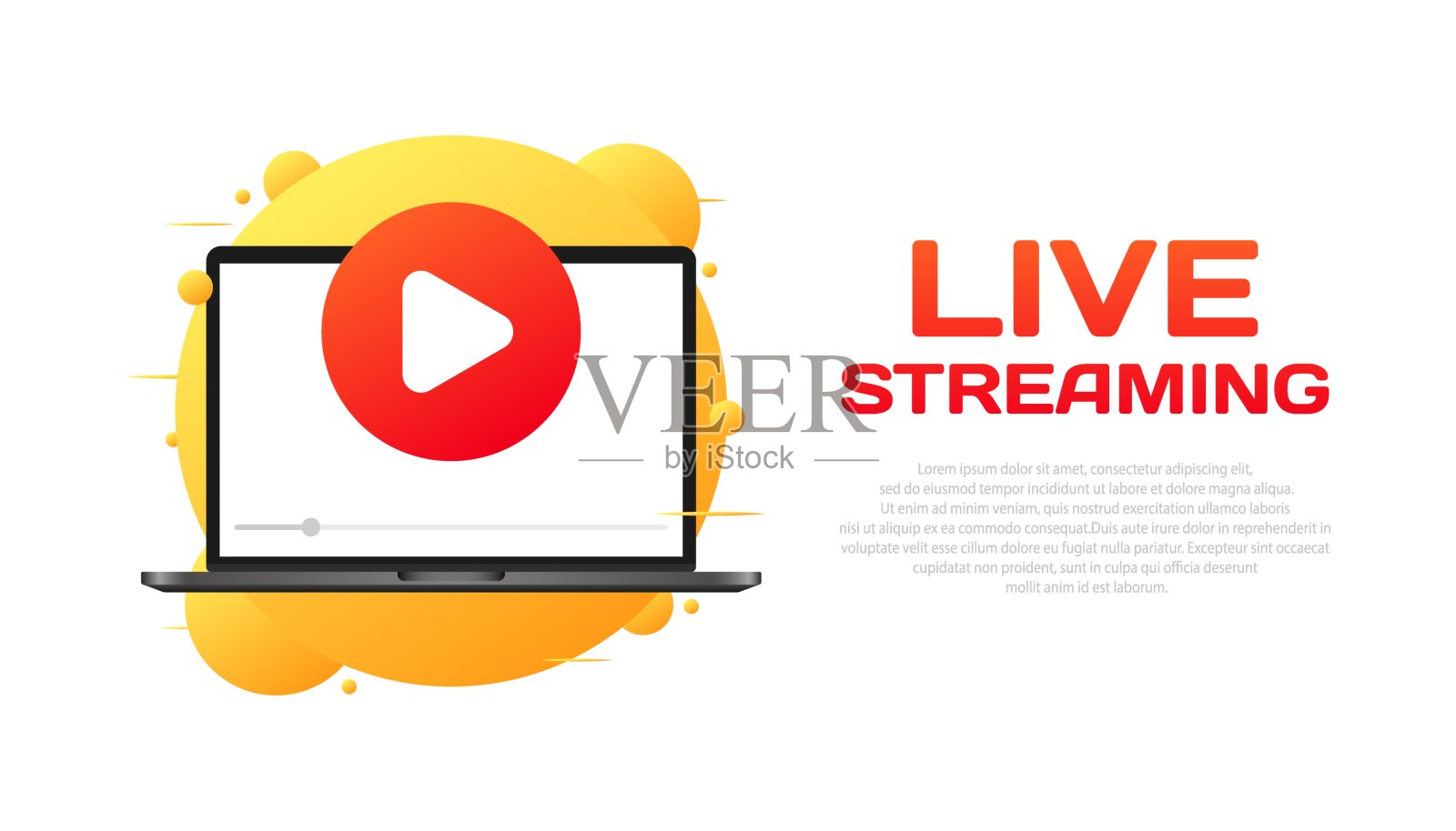 直播标志。平面，彩色，笔记本电脑屏幕模型，播放按钮，直播标志。矢量图标插画图片素材