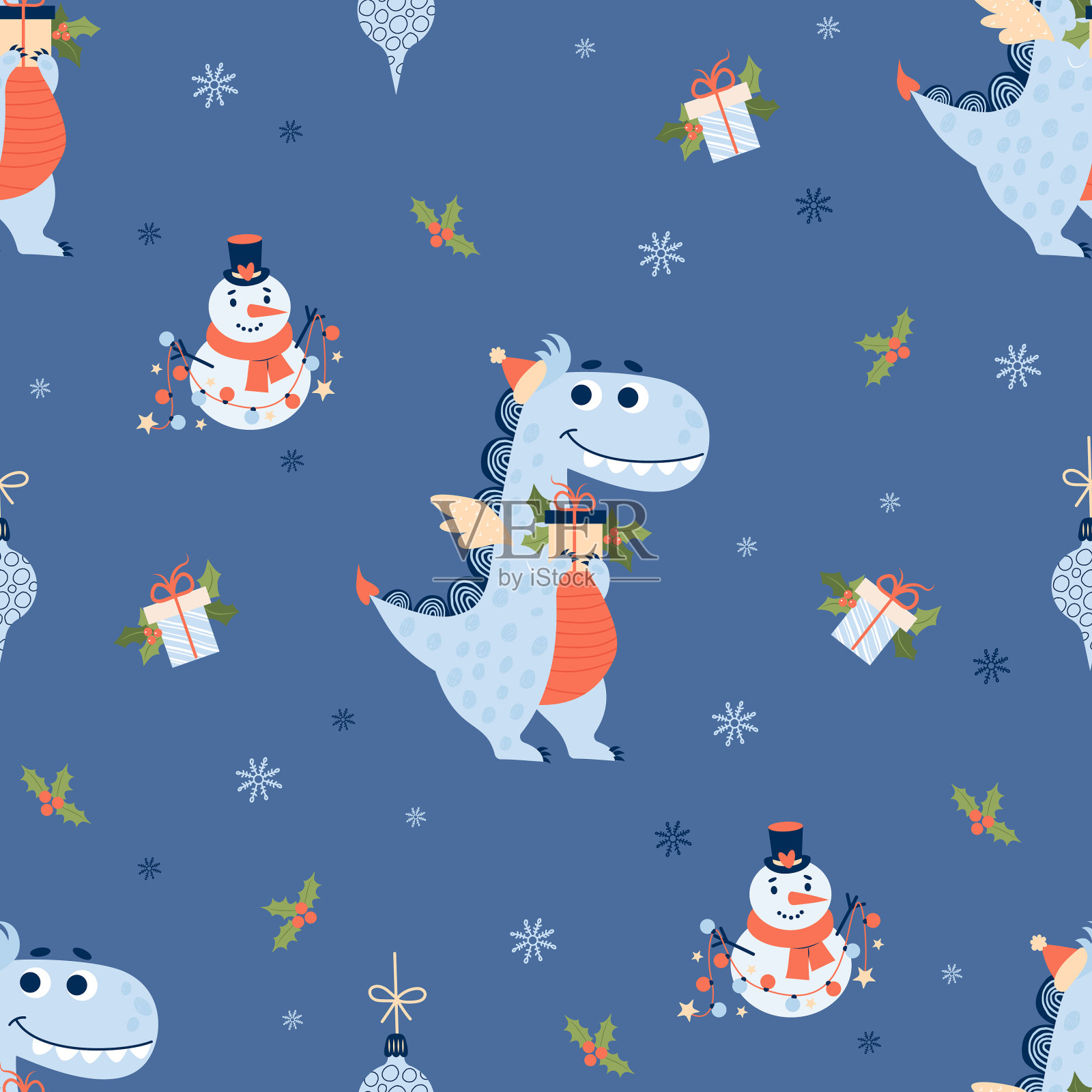 圣诞无缝图案可爱的龙与礼物插画图片素材