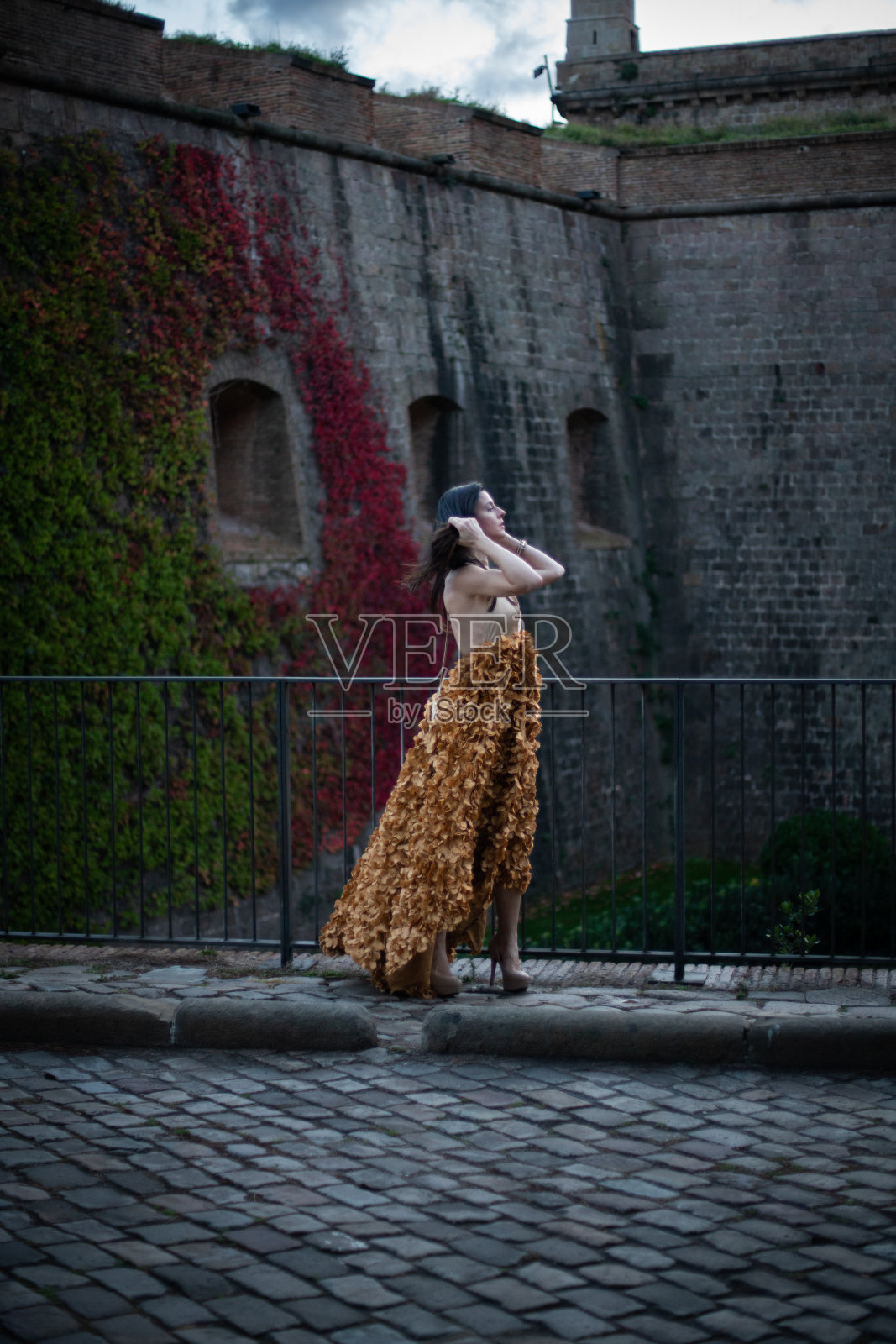 在Susnet城堡中穿着优雅服饰的女人。照片摄影图片