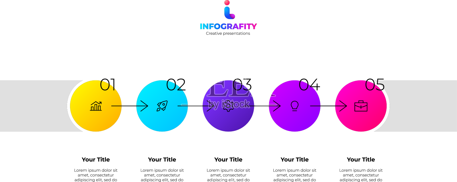 五个五颜六色的圆圈排成一排设计元素图片