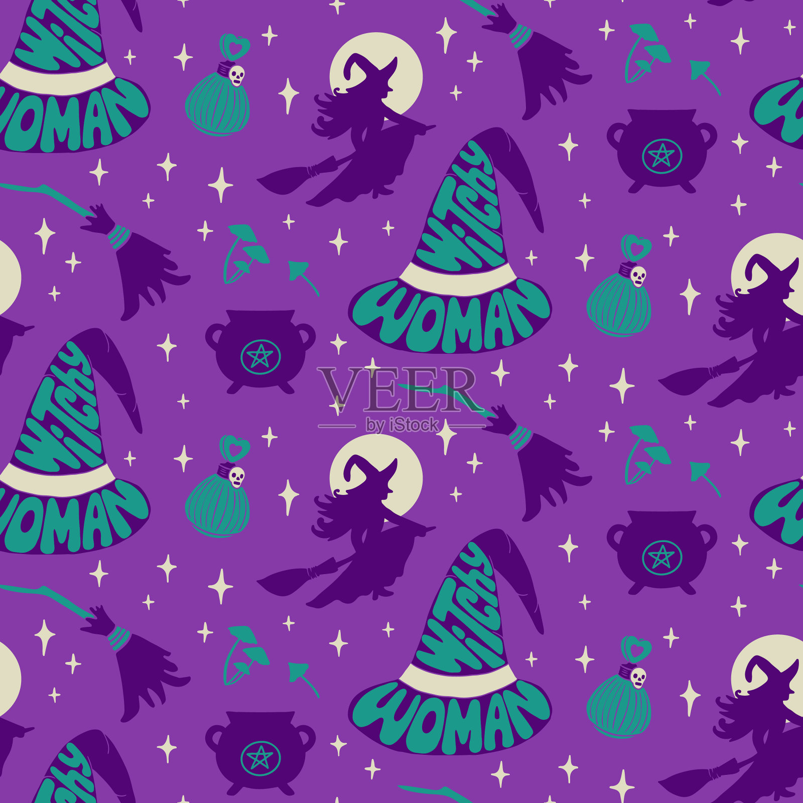 女巫图案与万圣节groovy字母插画图片素材