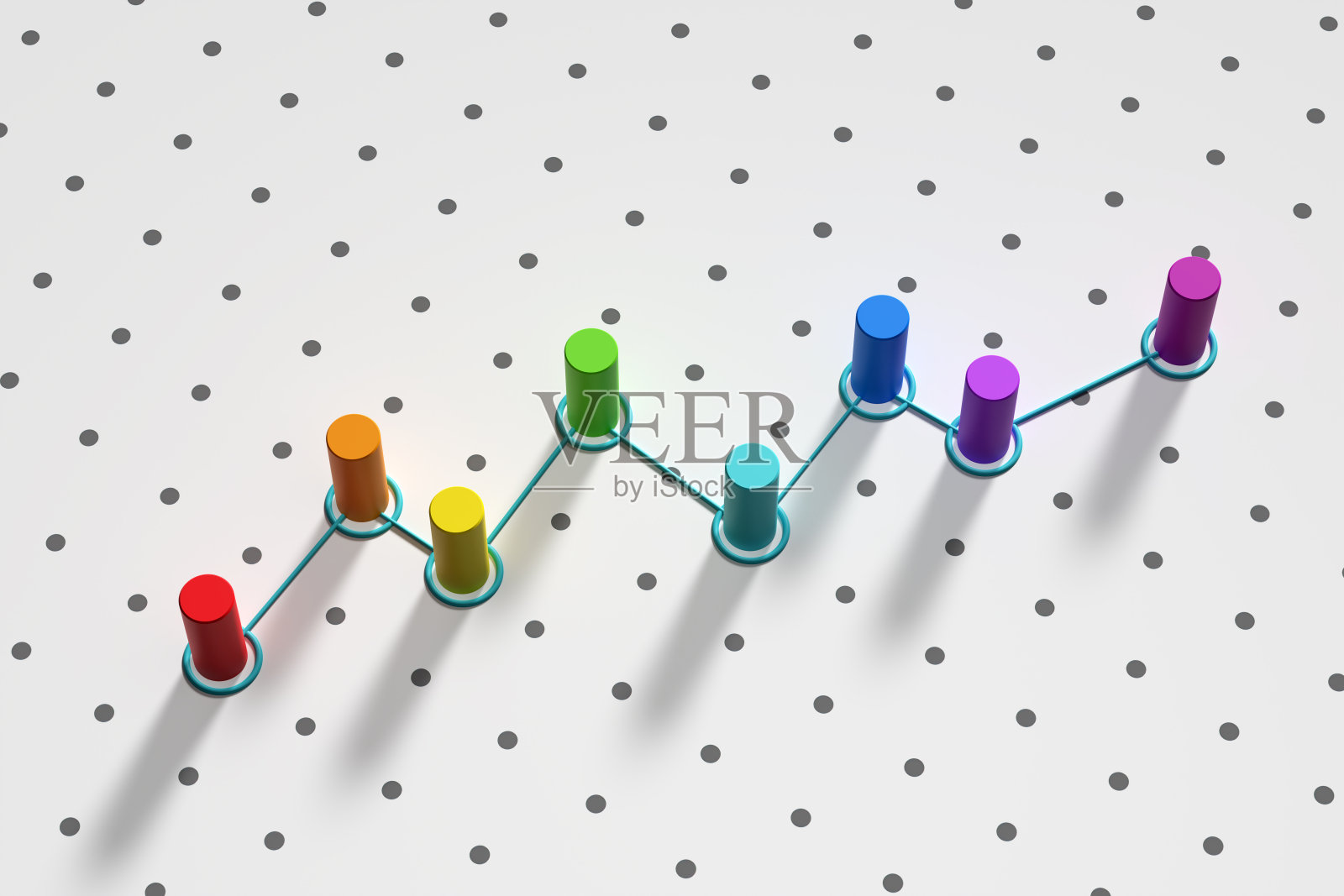 联系，沟通，进步和团队合作的理念。用一根线连接的彩色针网。照片摄影图片