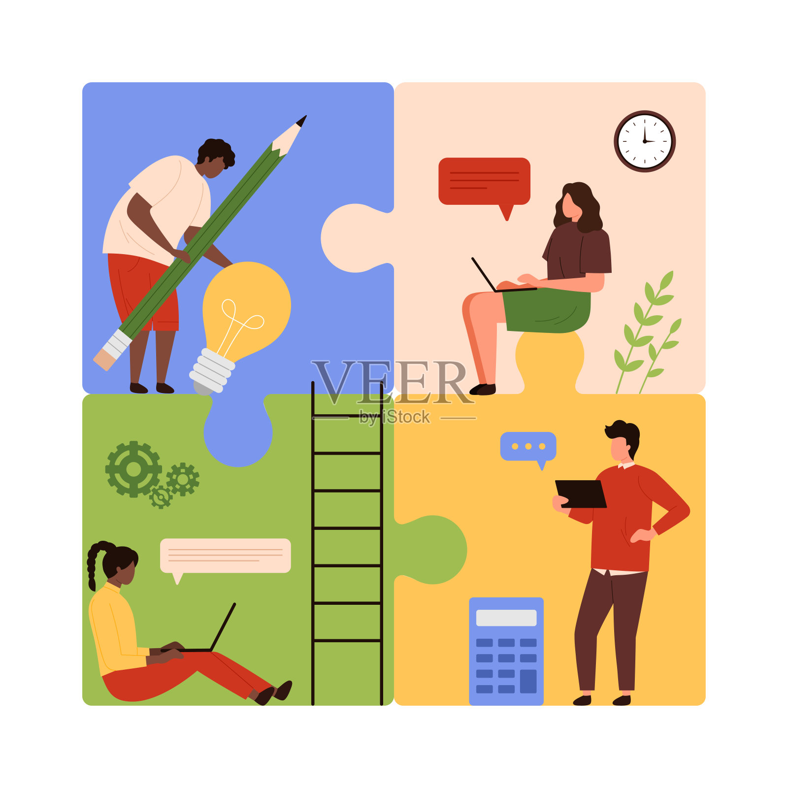 团队合作，有效协作的强大敬业的小人物团队插画图片素材