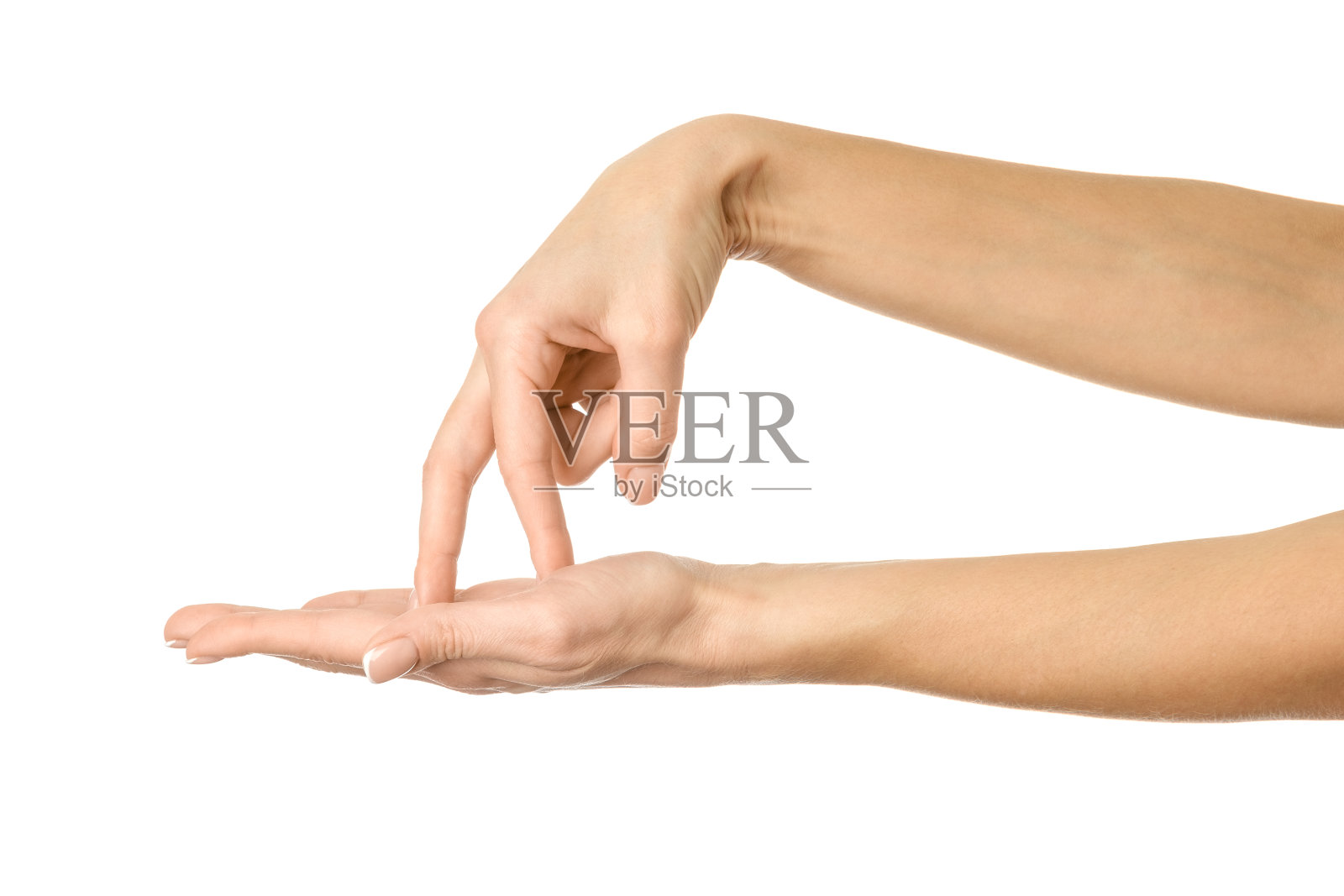 走向深渊。女人的手势孤立在白色上照片摄影图片