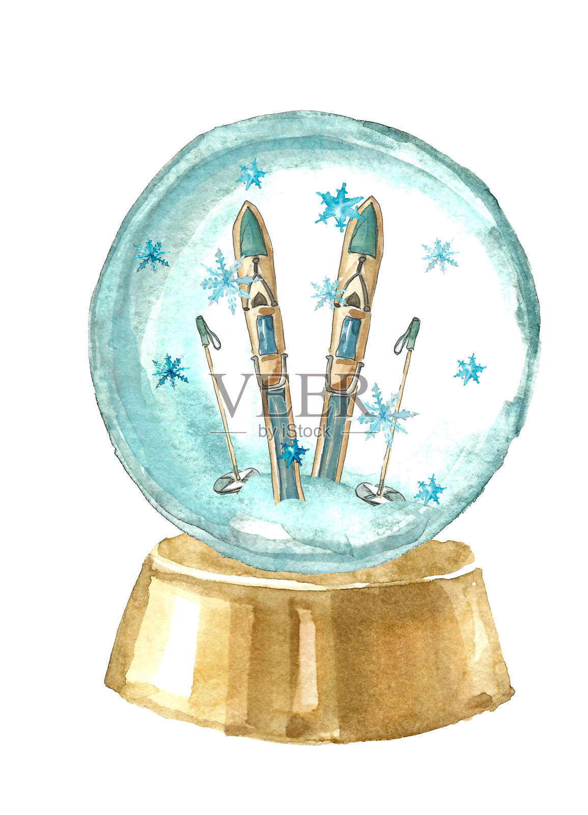 水彩画圣诞水晶雪花玻璃球与金色光泽的立场插画图片素材