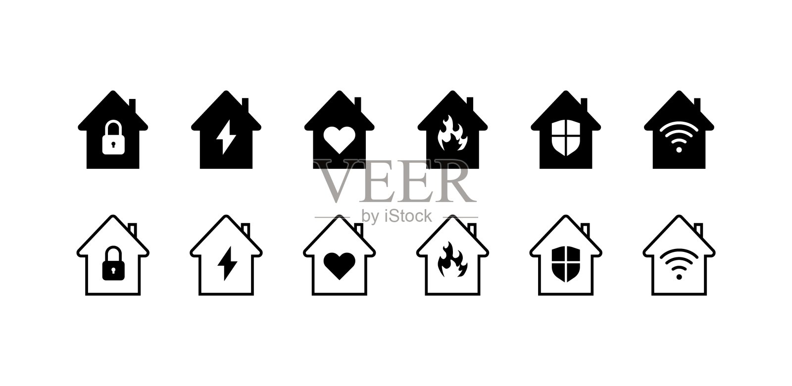 带有指示器的房屋图标。线性，智能家居指示灯，锁，闪电，心，火，护盾，Wi-Fi图标。矢量图标插画图片素材