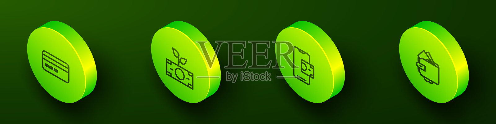 设置等距线信用卡，货币植物在锅，手机银行和钱包与钱的图标。向量插画图片素材