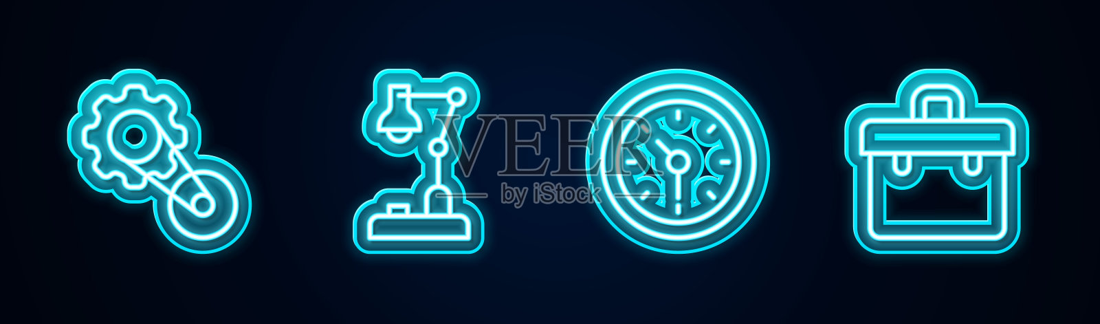 集线计时带套件，台灯，时钟和公文包。发光的霓虹灯图标。向量插画图片素材