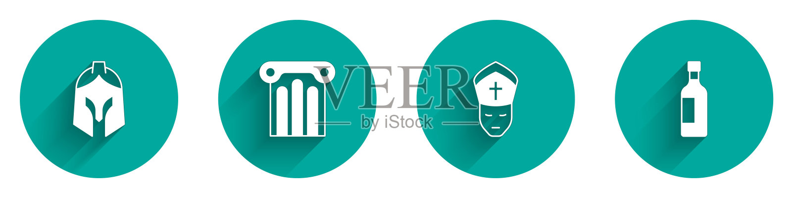 设置罗马军队头盔，古柱，教皇和酒的瓶子图标与长阴影。向量插画图片素材