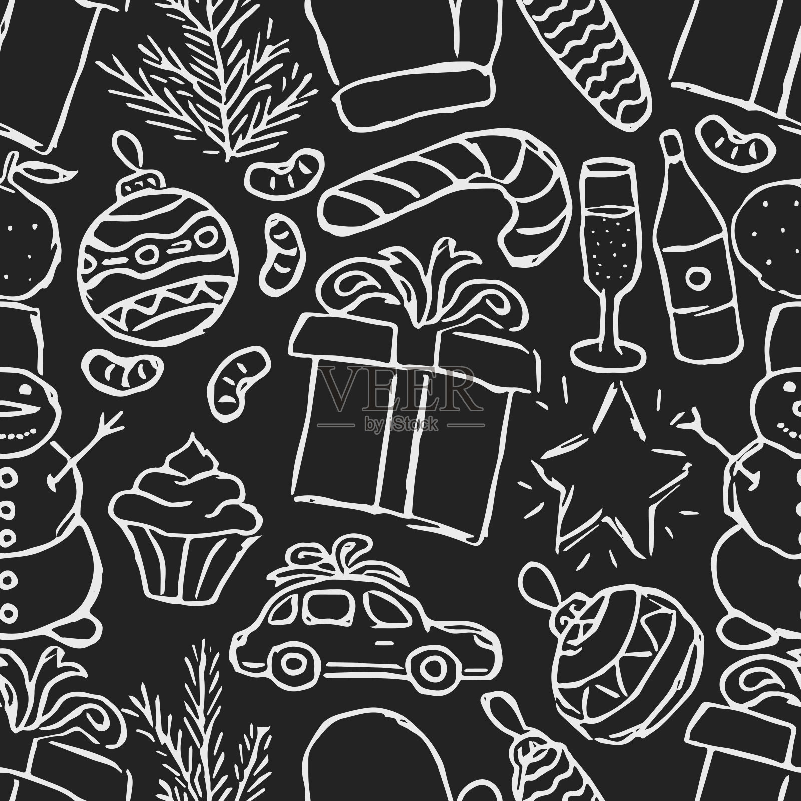 无缝圣诞图案。新年背景。涂鸦插图与圣诞节和新年图标插画图片素材