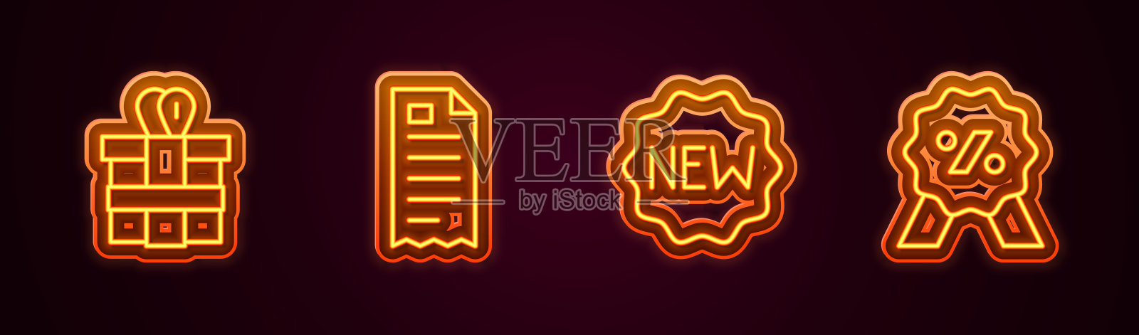 设置线礼盒，财务检查，价格标签与新的折扣百分比。发光的霓虹灯图标。向量插画图片素材