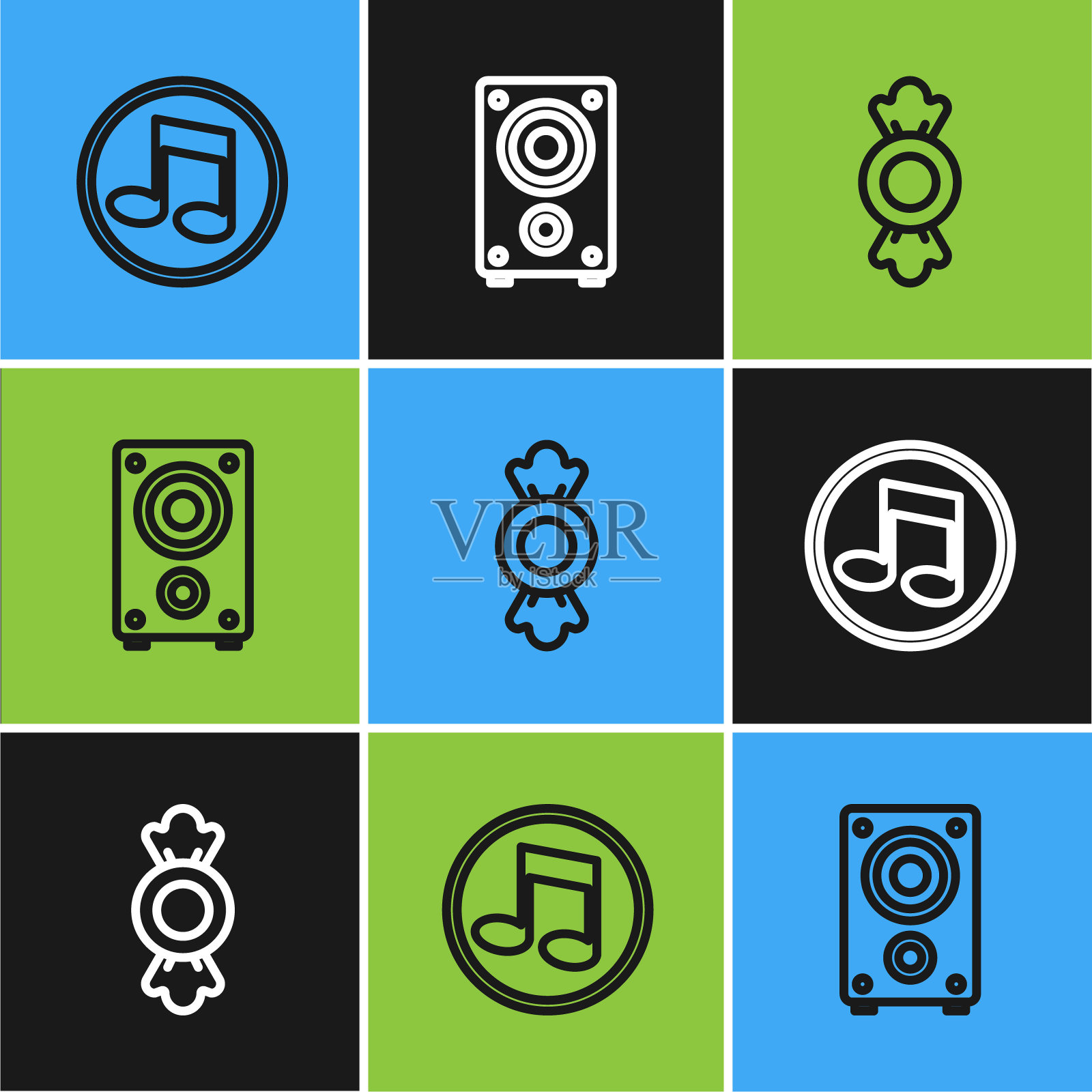 设置线音乐笔记，音调，糖果和立体声扬声器图标。向量插画图片素材