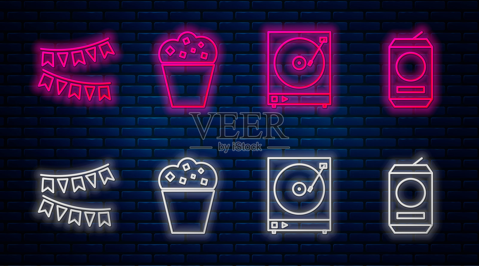 装在纸板箱里的爆米花，带黑胶唱片的黑胶播放器，带旗帜的狂欢节花环和啤酒罐。砖墙上发光的霓虹灯图标。向量插画图片素材