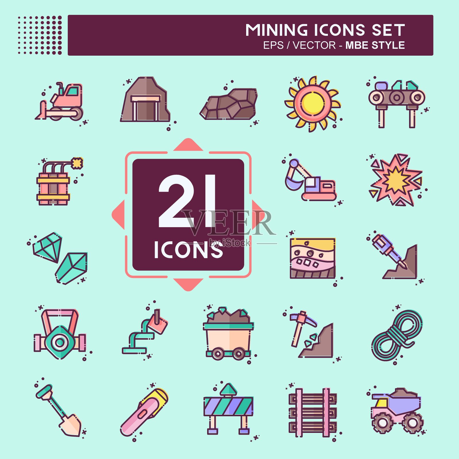 图标集挖掘。与行业相关的符号。MBE风格。简单的设计可编辑。简单的说明插画图片素材