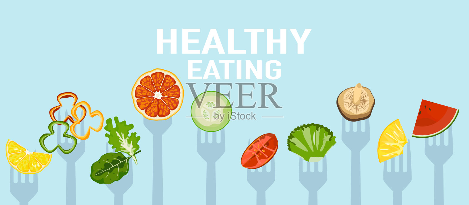 健康食品水果沙拉矢量插图叉，素食，维生素和矿物质插图在浅色背景上，易于编辑。插画图片素材