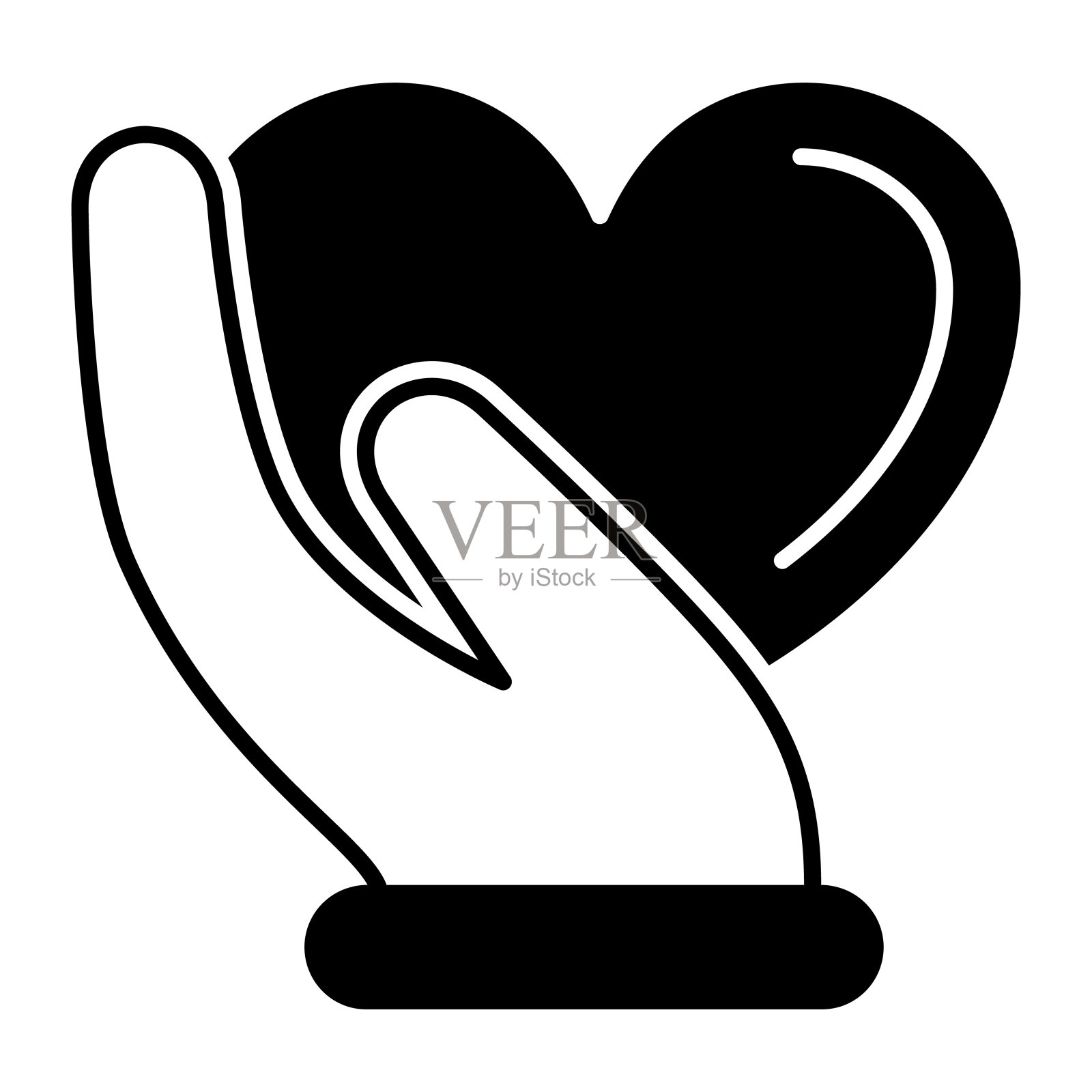 心在温柔的手固体图标，情人节的概念，心脏护理标志在白色的背景，手掌握爱的象征图标在字形风格的移动概念网页设计。矢量图形。插画图片素材