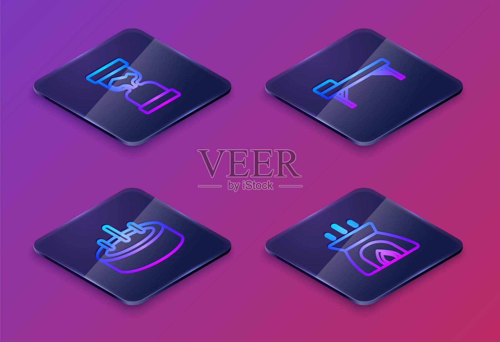 老式沙漏，带梯子的游泳池，按摩台，香薰蜡烛。蓝色方形按钮。向量插画图片素材