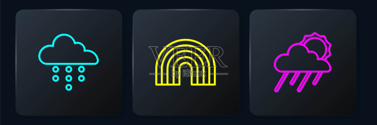 云与雨，太阳与彩虹。黑色方形按钮。向量插画图片素材