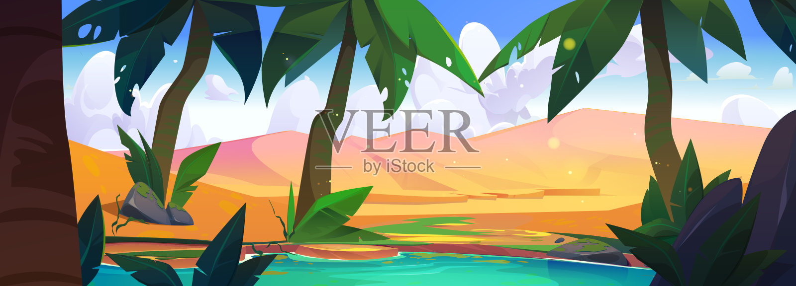 沙漠中棕榈树下的绿洲湖插画图片素材