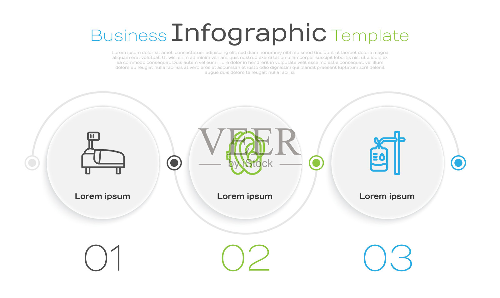 准备好病床，助听器和静脉输液袋。业务信息图表模板。向量插画图片素材