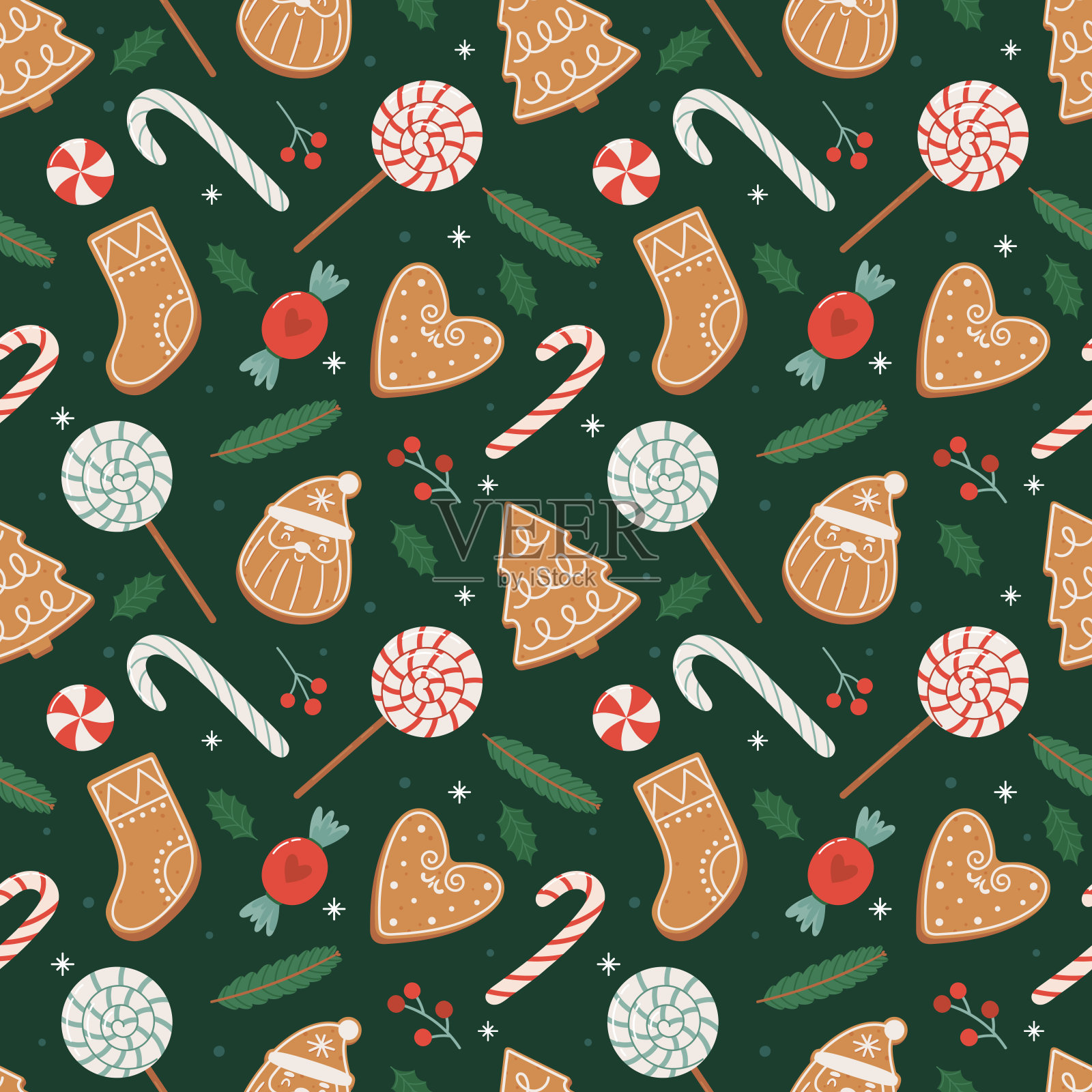 姜饼无缝图案。节日背景饼干，糖果，树叶和浆果。插画图片素材