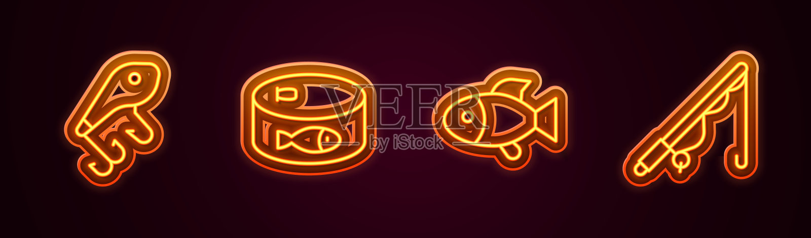 鱼饵，罐头鱼，鱼竿。发光的霓虹灯图标。向量插画图片素材