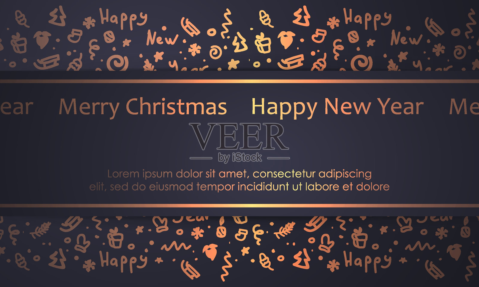 圣诞深蓝色背景，金色雪花，星星，树枝，树，圣诞老人，礼物和金字新年快乐。圣诞快乐的节日设计，装饰。矢量插图。插画图片素材