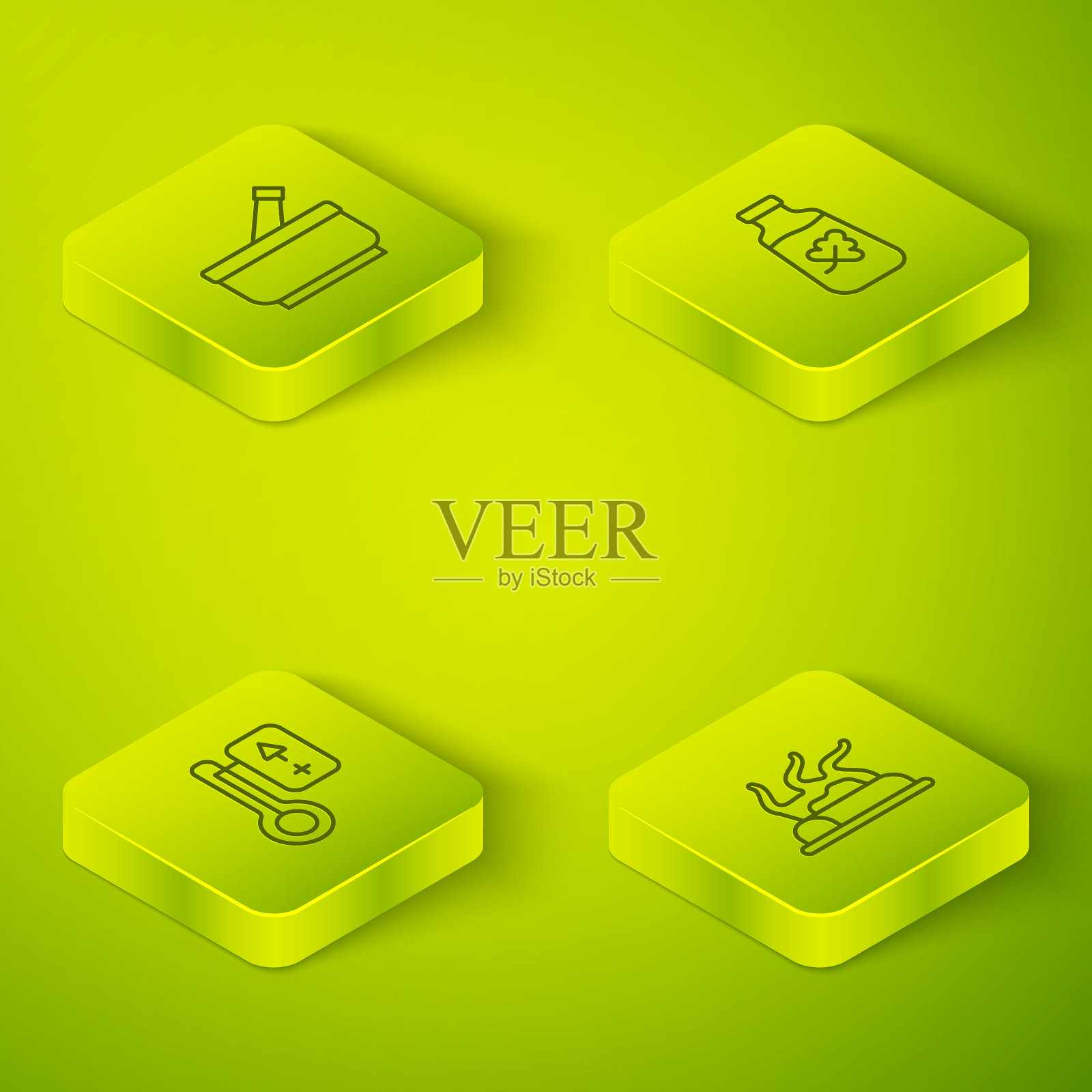 设置等距线精油瓶，桑拿温度计，篝火和臼杵图标。向量插画图片素材