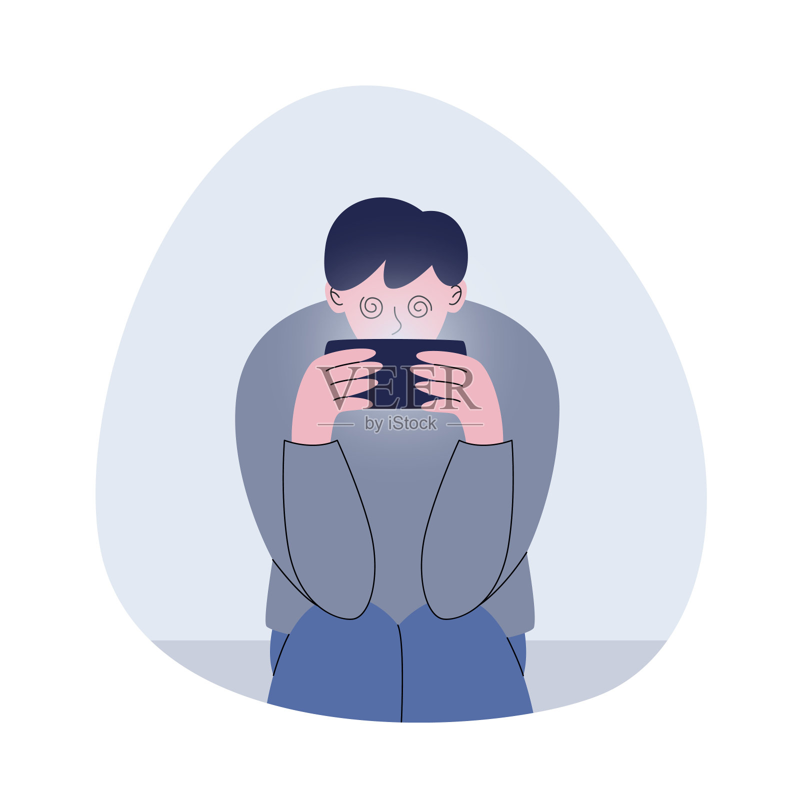 青少年玩智能手机游戏，蓝光反射对眼睛有害插画图片素材