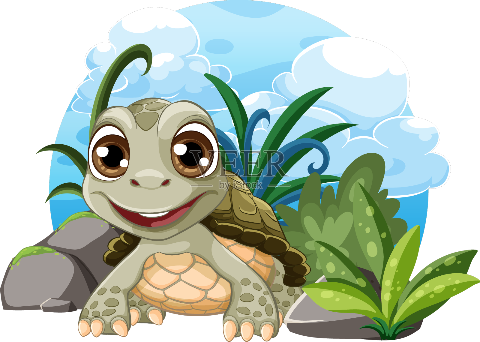 可爱的卡通乌龟周围的植物和岩石设计元素图片