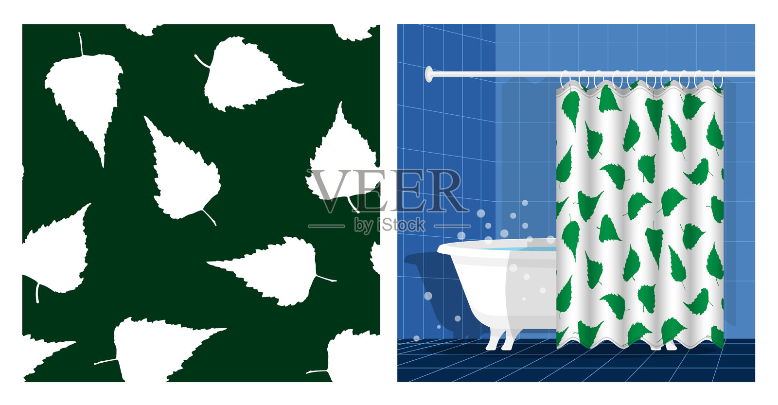 浴室内部有浴缸和窗帘插画图片素材