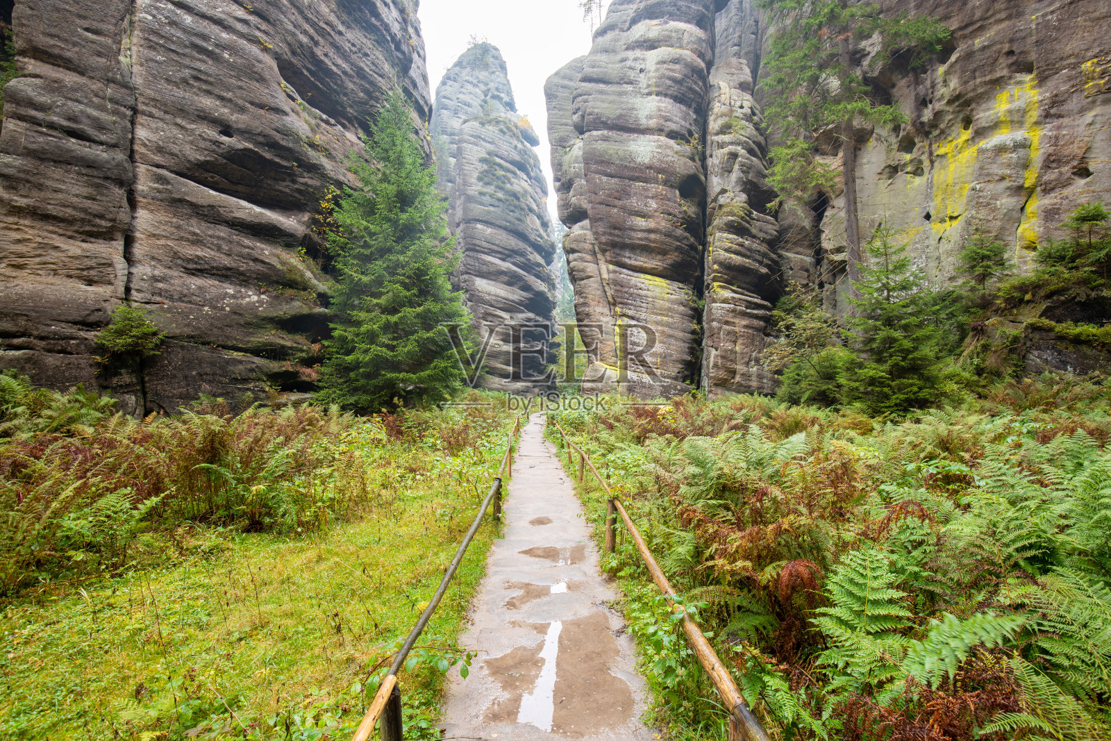 捷克波西米亚布劳莫夫高地地区，阿德尔斯巴赫-泰普利采景观公园的泰普利采岩石城遗址，岩石塔和墙壁之间的旅游通道照片摄影图片