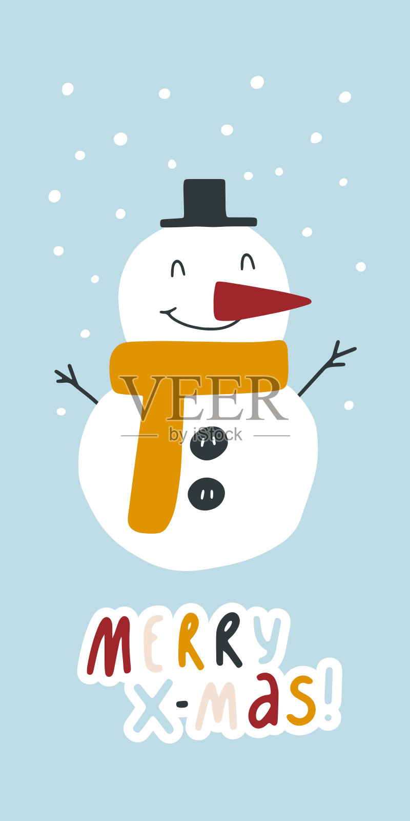 圣诞节竖版明信片banner，带雪人图案和圣诞快乐文字插画图片素材
