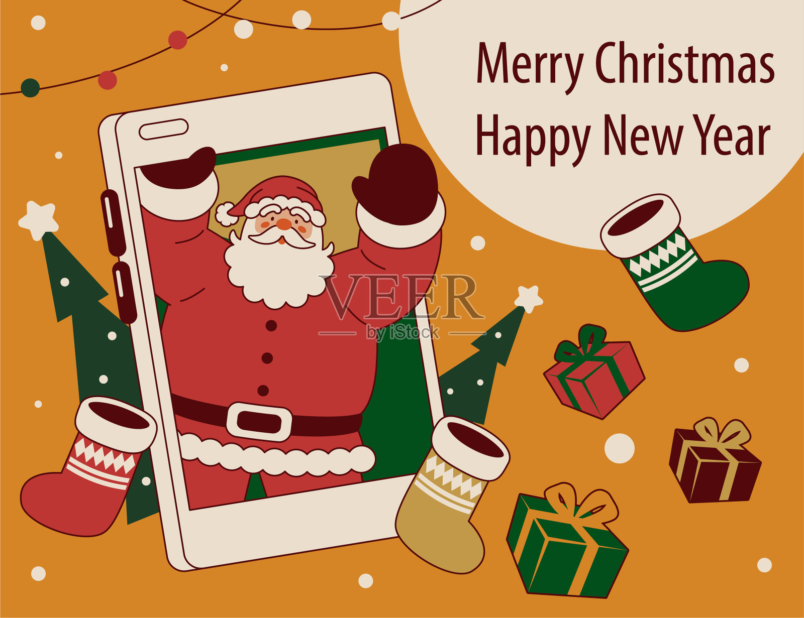 圣诞老人从智能手机中弹出，赠送圣诞礼物和圣诞袜，祝您圣诞快乐，新年快乐插画图片素材
