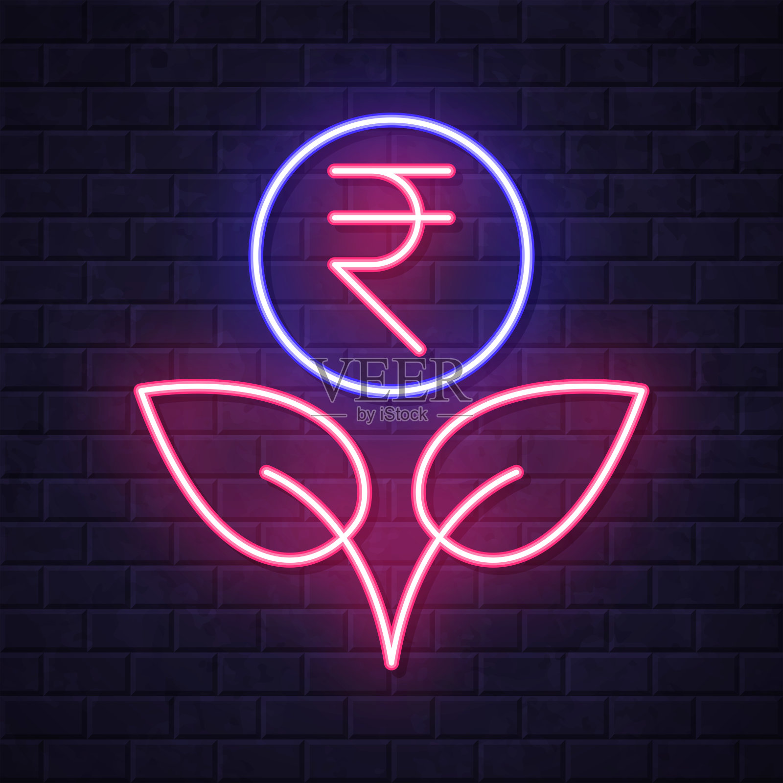 不断增长的印度卢比。在砖墙背景上发光的霓虹灯图标插画图片素材
