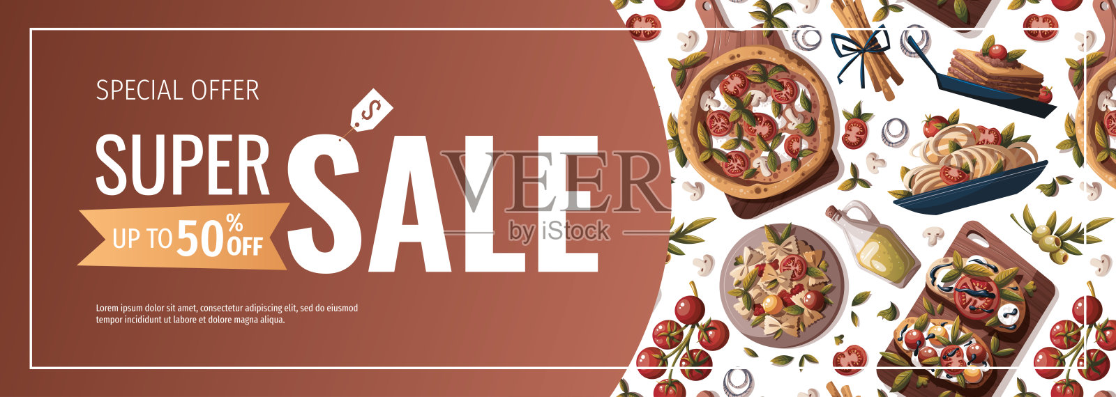 旗帜设计与意大利披萨，意大利面，烤面包，千层面，橄榄油。插画图片素材