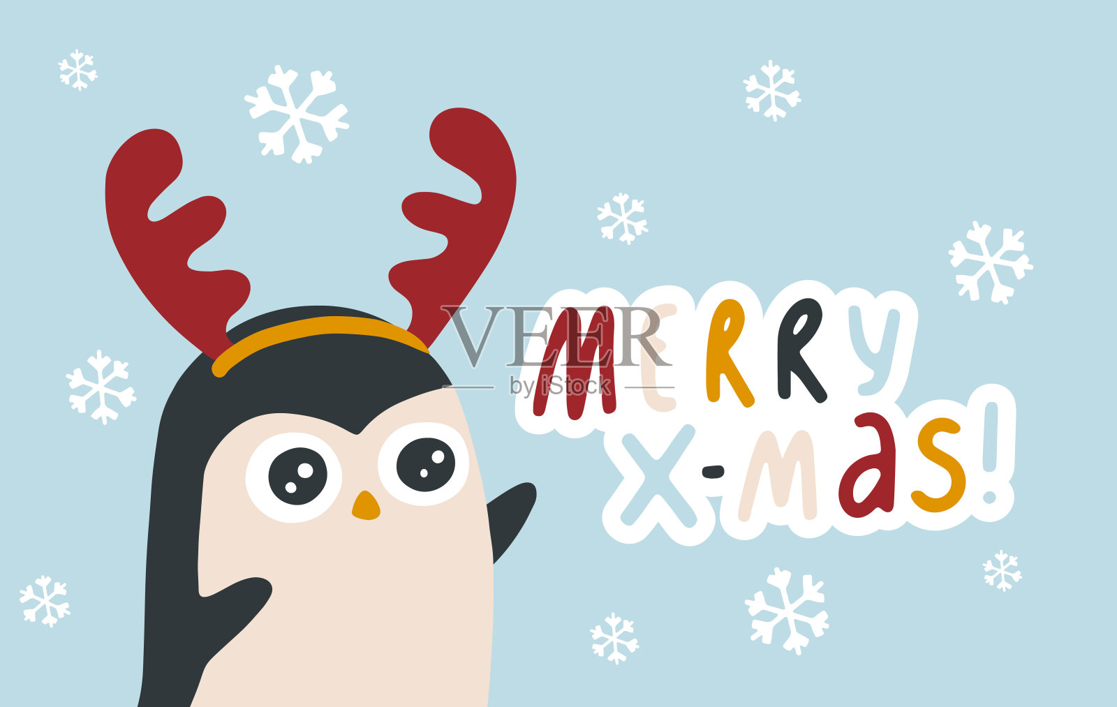 圣诞节横版banner：戴角的企鹅和圣诞快乐字样插画图片素材