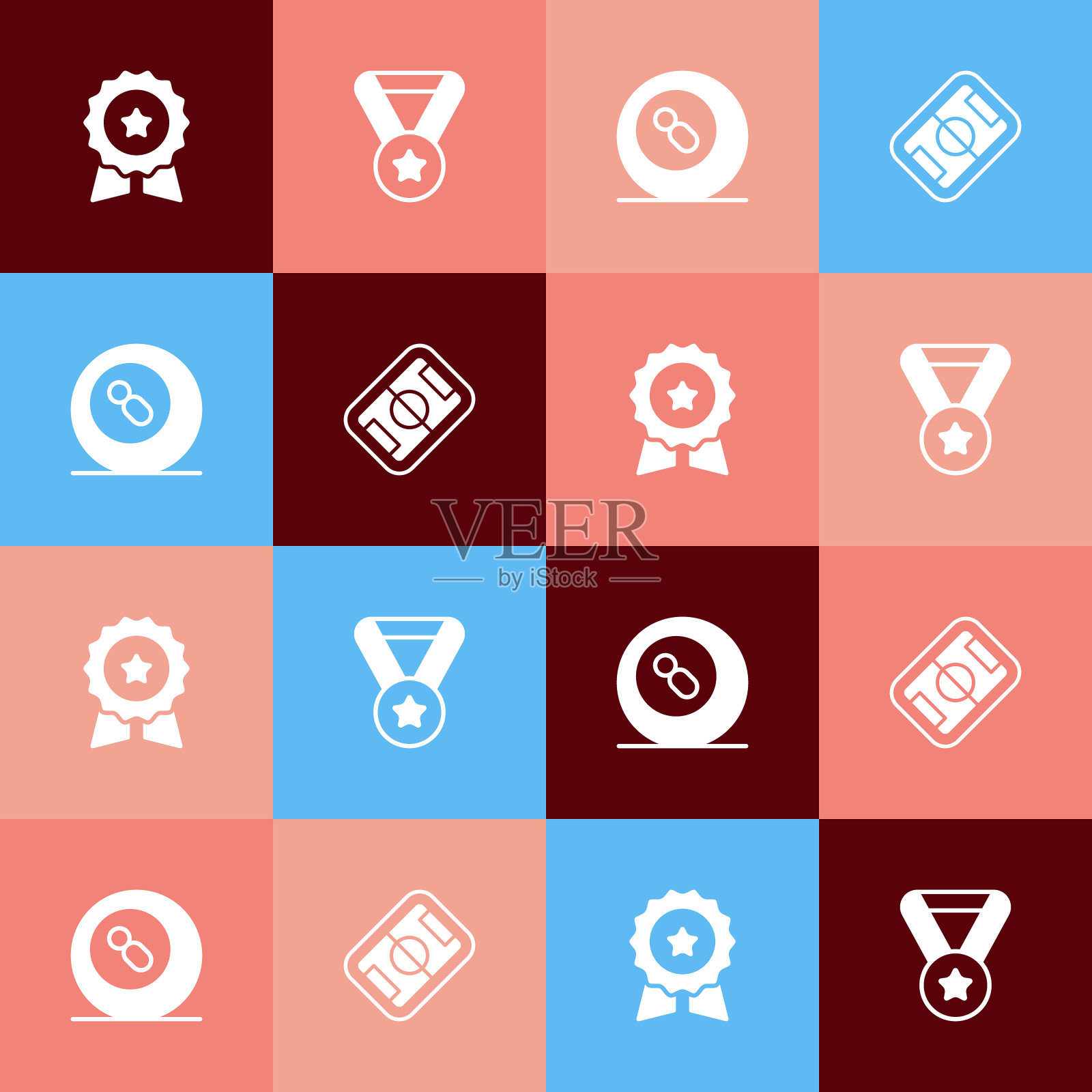 集流行艺术奖章与明星，台球，斯诺克球和足球场的图标。向量插画图片素材