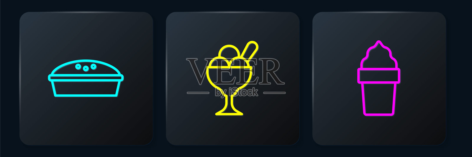 自制派，华夫蛋筒冰淇淋和碗。黑色方形按钮。向量插画图片素材