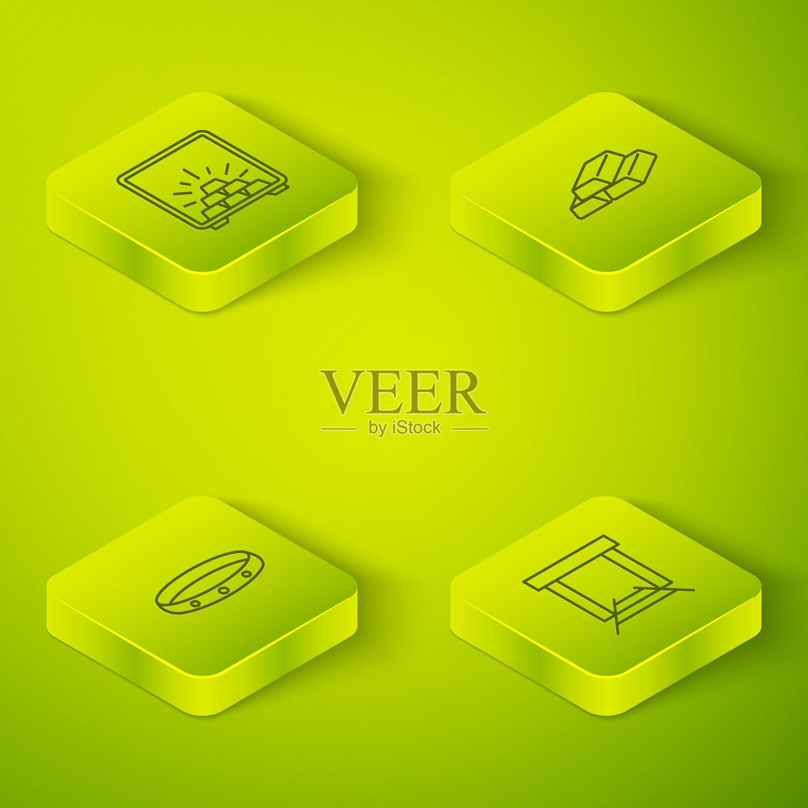 设置等距线金条，戒指，矿山和安全与黄金图标。向量插画图片素材