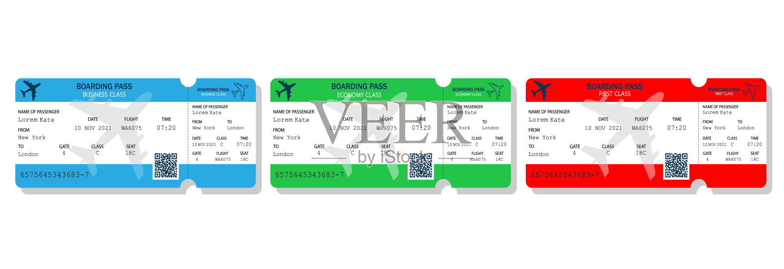 现实的机票设置。纸质登机牌被隔离在白色背景上。有旅行、旅行或出差的概念。票面设计有乘客姓名。经济舱，商务舱，头等舱。插画图片素材