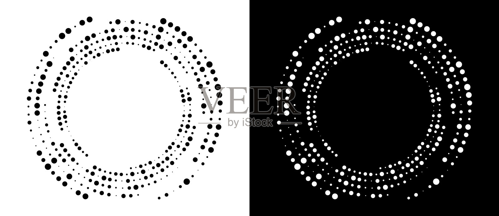 现代抽象背景。半色调圆点呈圆形。圆形的标志。向量虚点坐标系。设计元素或图标。黑色的形状在白色的背景和相同的白色形状在黑色的一面。插画图片素材
